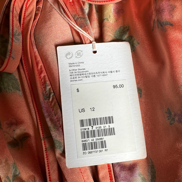 & Other Stories Peach Floral Ruched Long Sleeve Maxi Dress NEW Size 12 - Picture 9 of 10